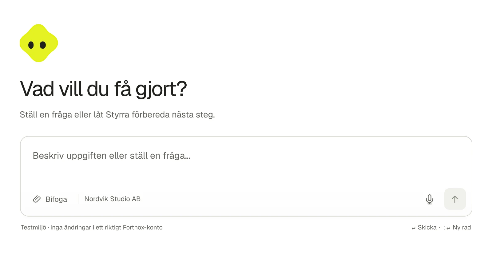 Assistentens startsida: skriv en fråga eller ett uppdrag. Faktisk skärmbild ur testmiljön.