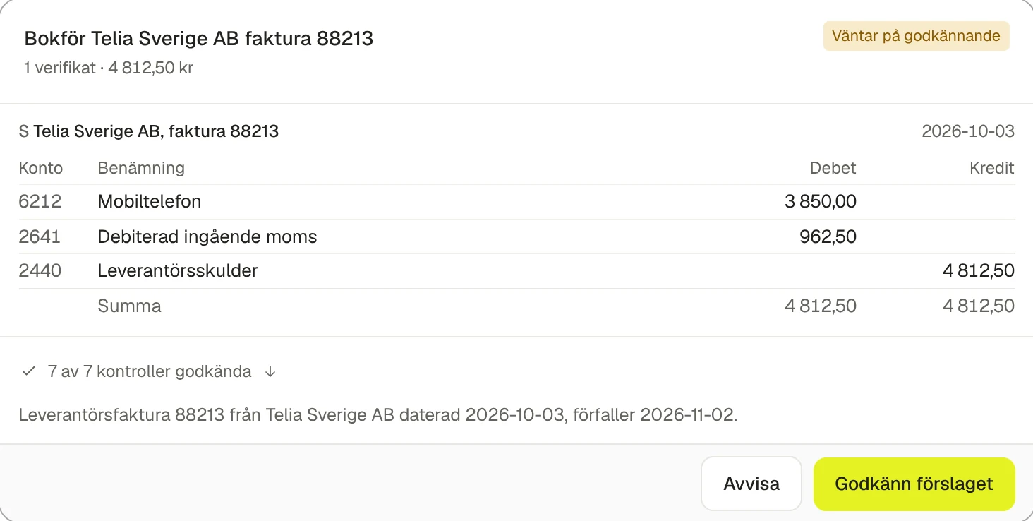 Förslag på verifikation för Telias faktura, sju av sju kontroller godkända. Faktisk skärmbild ur testmiljön.