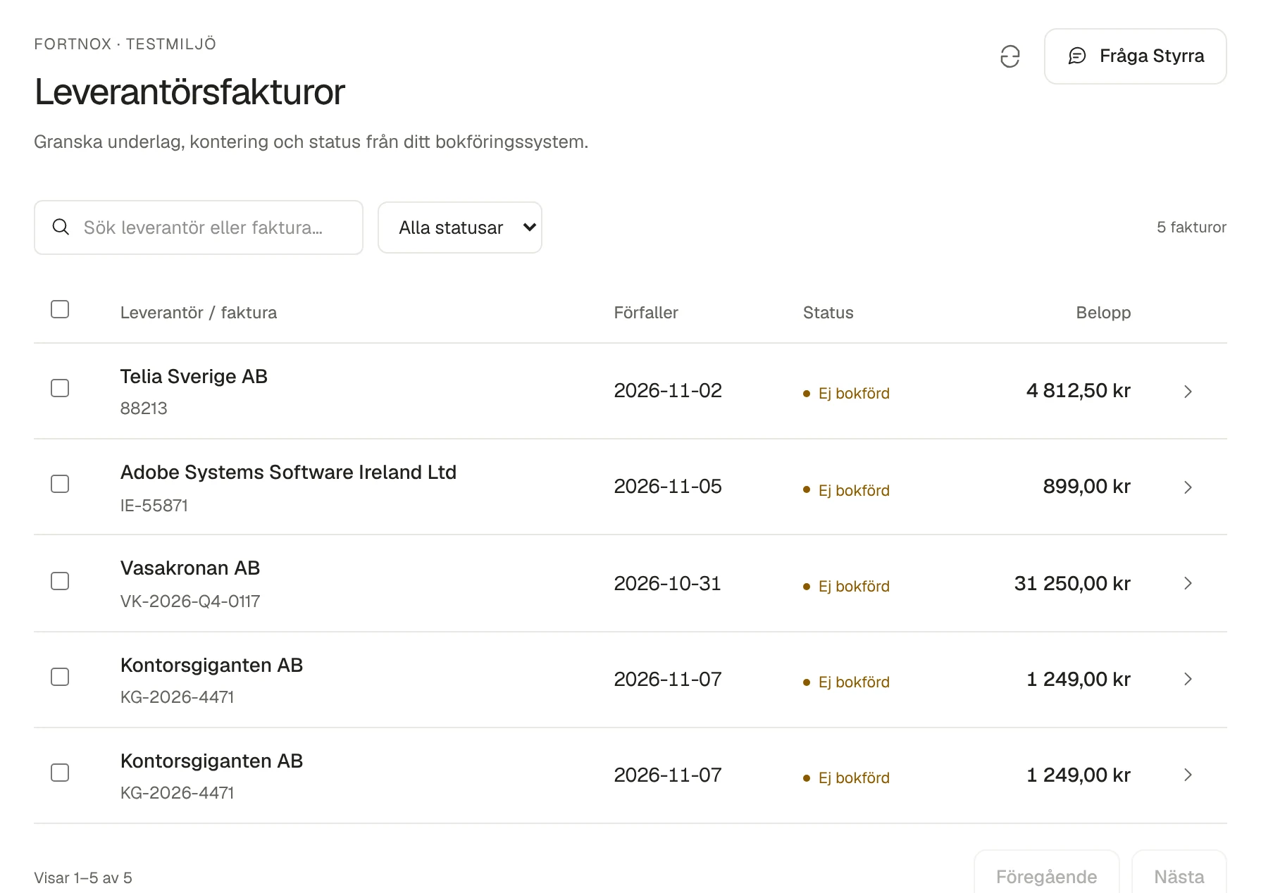 Leverantörsfakturor i underlaget, med förfallodag, status och belopp. Faktisk skärmbild ur testmiljön.