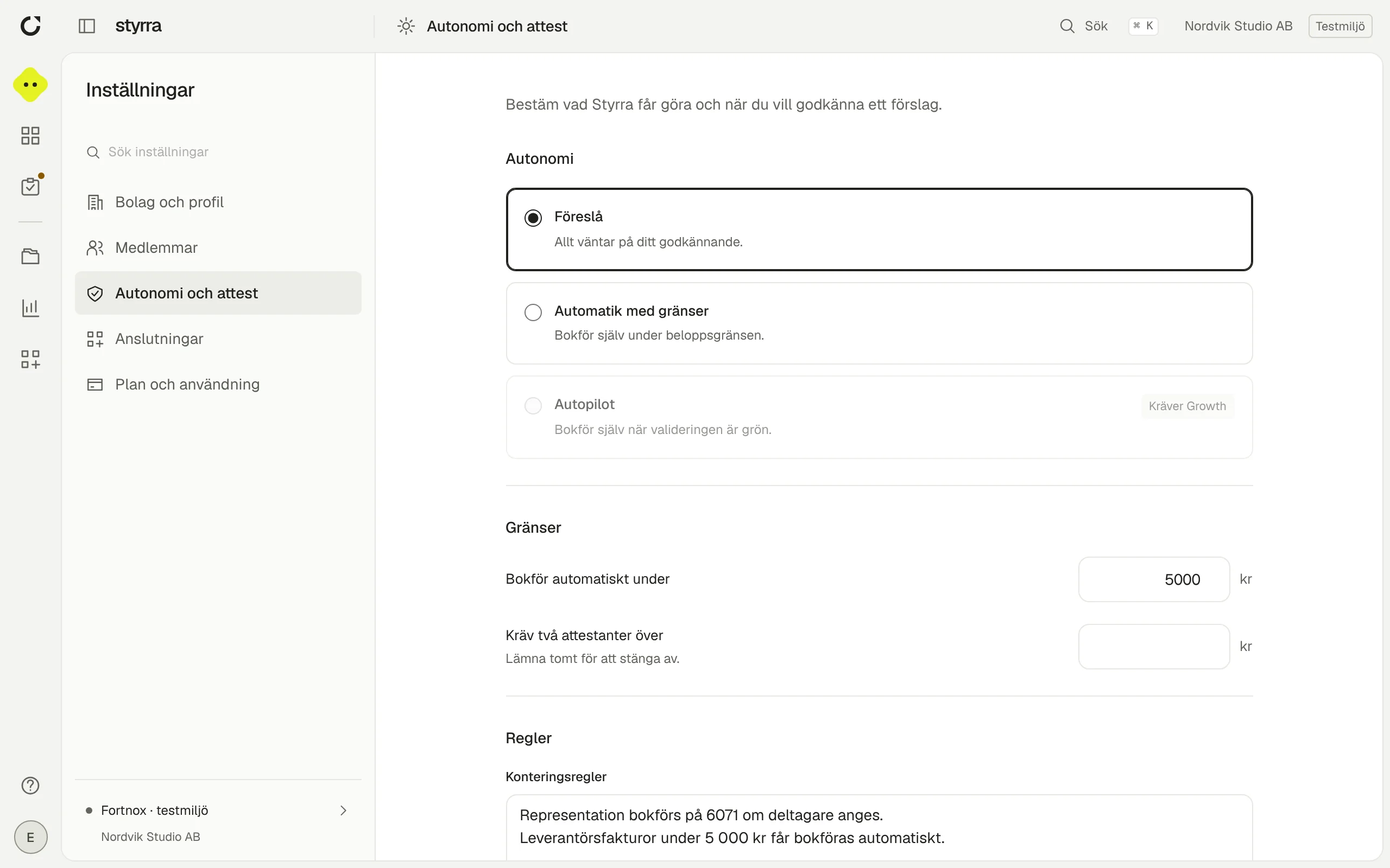Policy. Inställningarna som styr vilka handlingar assistenten får utföra. Faktisk skärmbild · Nordvik Studio AB i Styrra simulator.